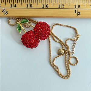 2 for $40 Cherry Pendant Necklace with Red and Green Crystals gold plated chain